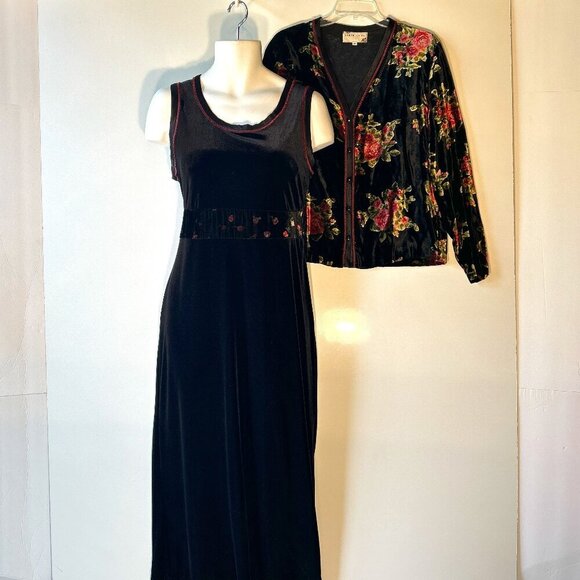 Earth Song SZ10 Vintage 2pc. Black Velvet Maxi & Top Romantic Whimsigoth Formal - Picture 1 of 14